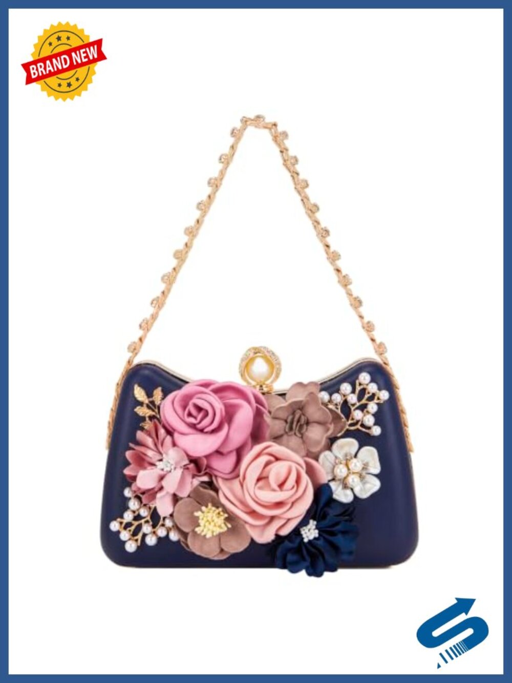 PU Leather Moon Clutch Evening Bag with Pearl Butterfly & Chain